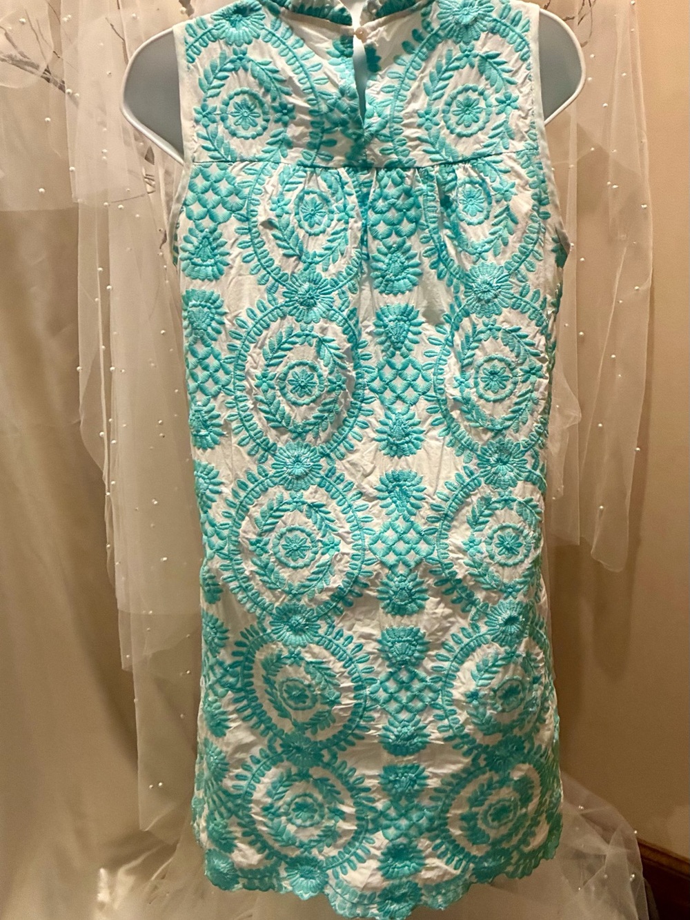 Women's Sleeveless Embroidered Shift Dress - White & Aqua - Picture 5 of 5